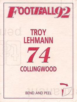 1992 Select AFL Stickers #74 Troy Lehmann Back